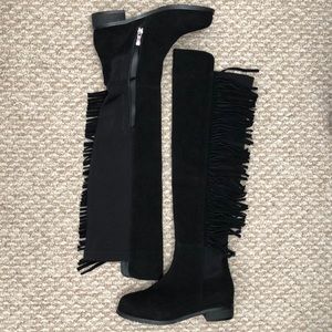 Black tall suede boots with stretch back